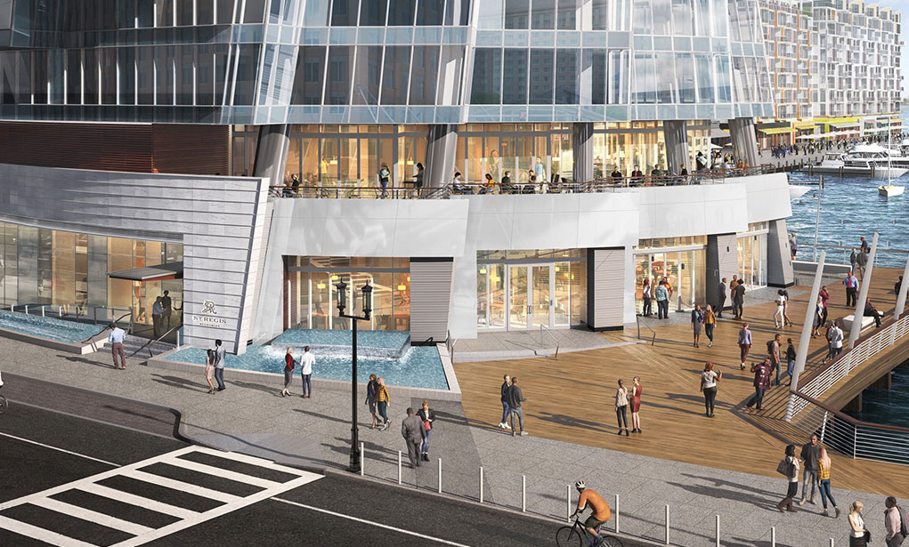 External image of the St. Regis Boston Residences main entrance and Harborwalk.